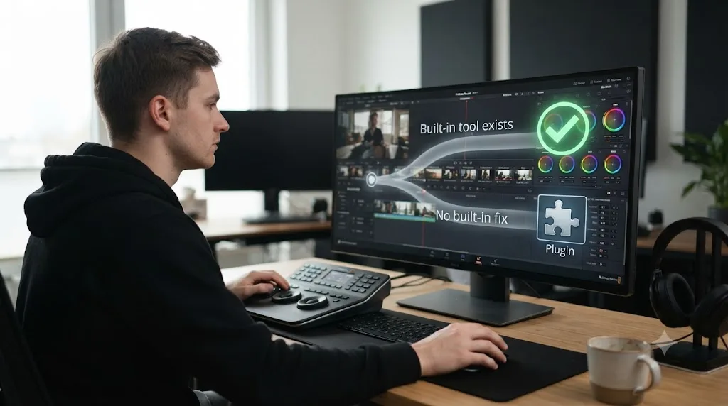 Illustration of a decision tree showing when to use a built-in DaVinci Resolve tool versus buying a plugin
