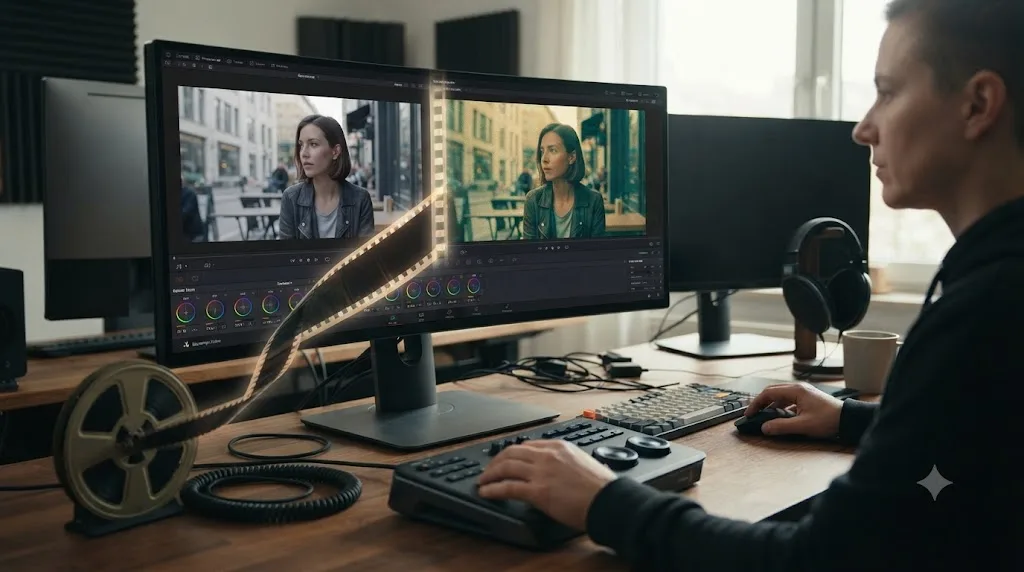 Illustration of a digital video frame being transformed with film grain and color emulation from a plugin