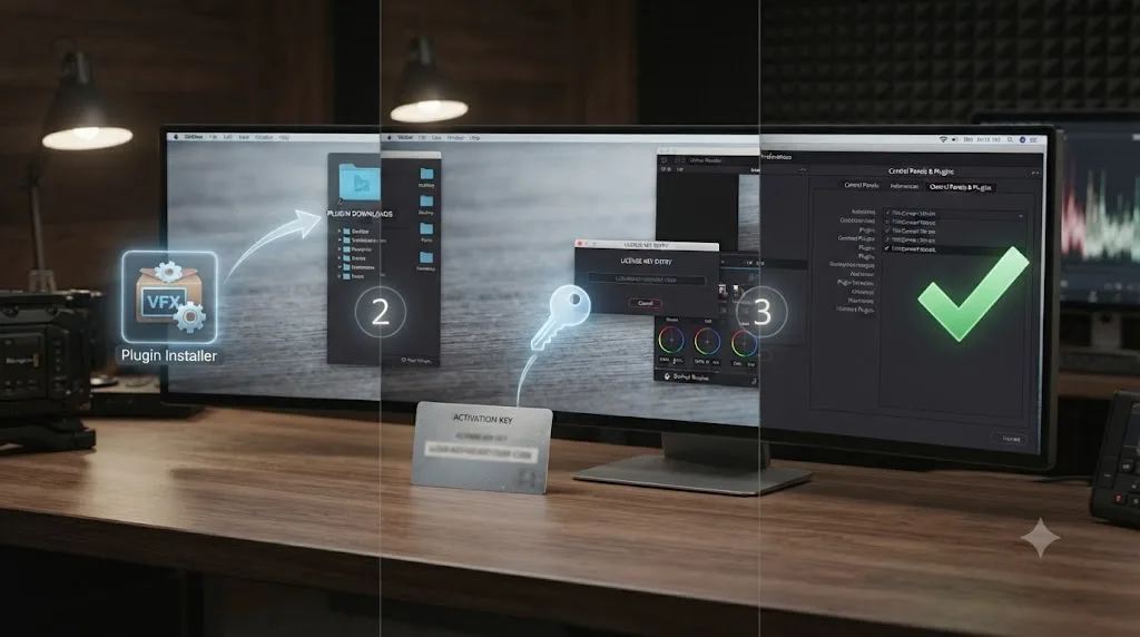 Illustration of the step-by-step process for installing and activating a plugin in DaVinci Resolve