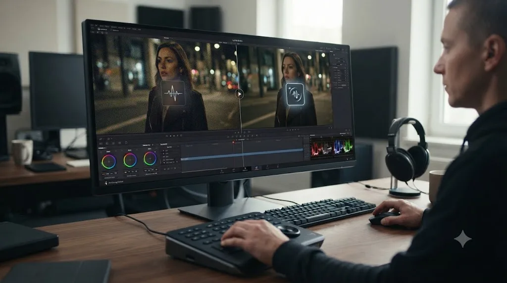 Illustration of noisy low-light footage being cleaned up by a noise reduction plugin in DaVinci Resolve