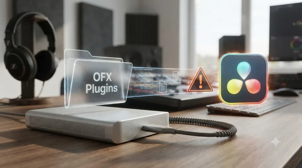 Illustration of the OFX plugin folder structure feeding into DaVinci Resolve with a version mismatch warning