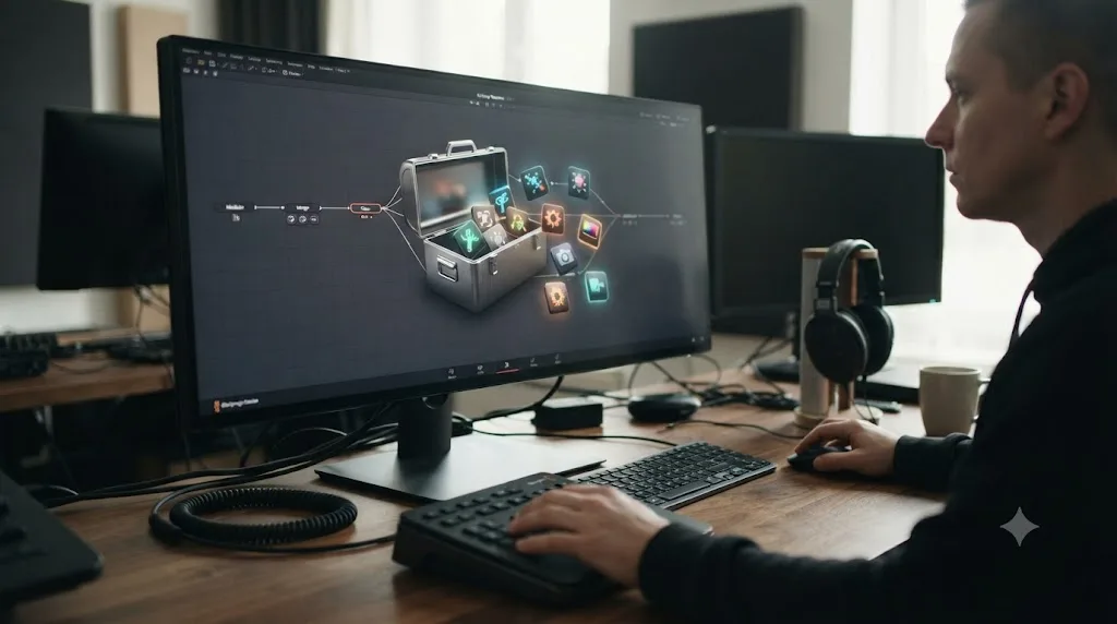 Illustration of a free plugin manager toolbox opening inside a DaVinci Resolve Fusion workspace
