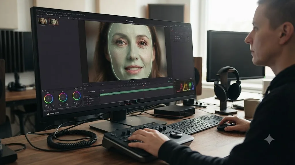 Illustration of a selective skin-smoothing mask applied to a portrait in a video editing timeline