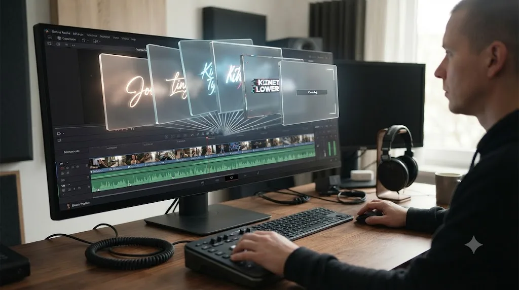 Illustration of animated title card templates fanning out above a video editing timeline