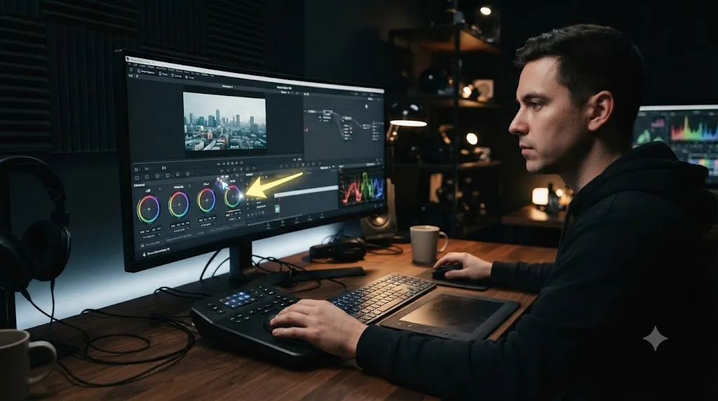 Illustration of an on-screen assistant pointing at a specific control inside DaVinci Resolve