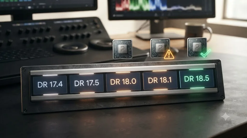 Illustration of a DaVinci Resolve version timeline showing a plugin compatibility gap resolving after an update