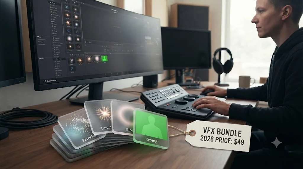 Illustration of a fanned-out deck of visual effects icons representing a VFX plugin bundle