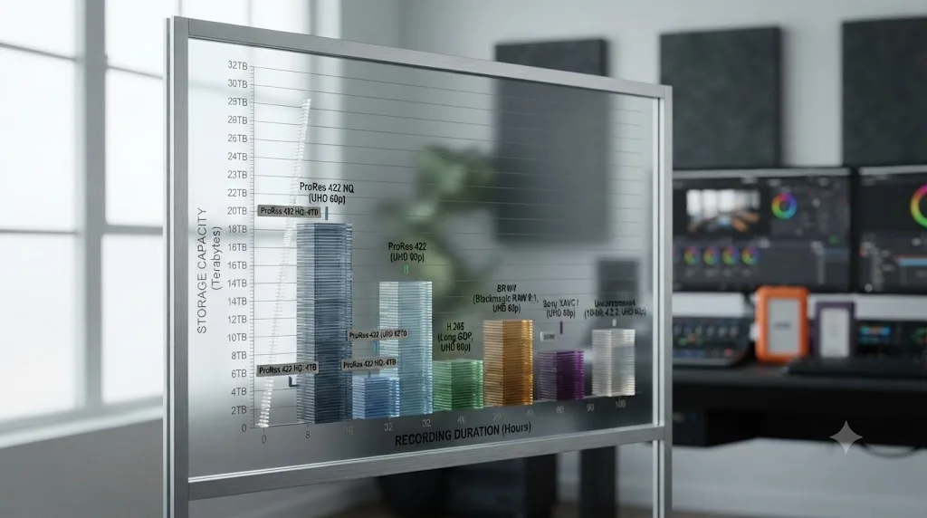 Illustration of a storage capacity planning chart comparing footage hours to terabytes needed by codec