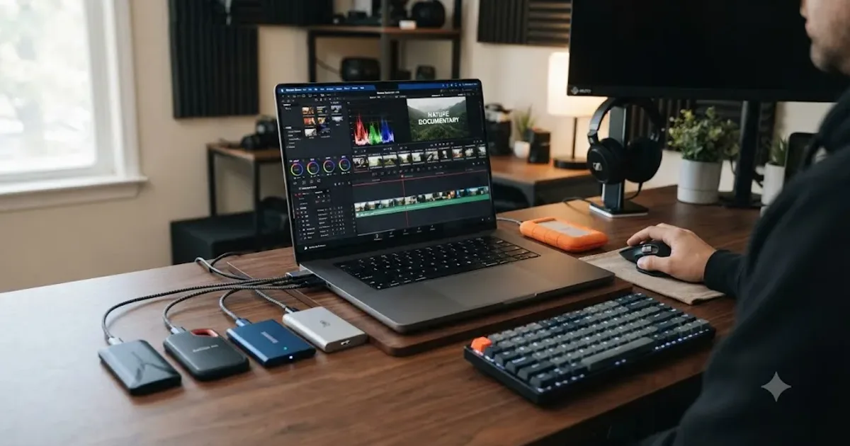 Illustration of six external SSDs of different shapes lined up next to a DaVinci Resolve timeline