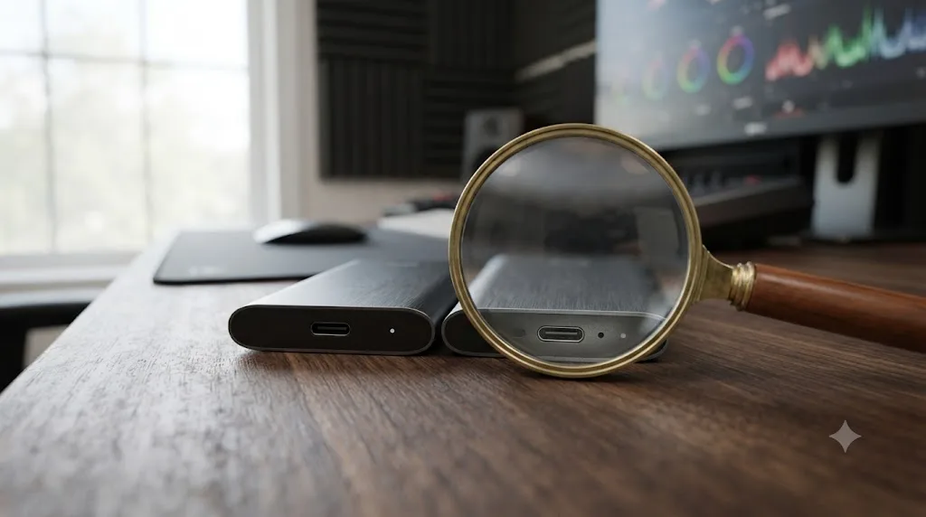 Illustration of two similar portable SSDs with a magnifying glass showing a port difference
