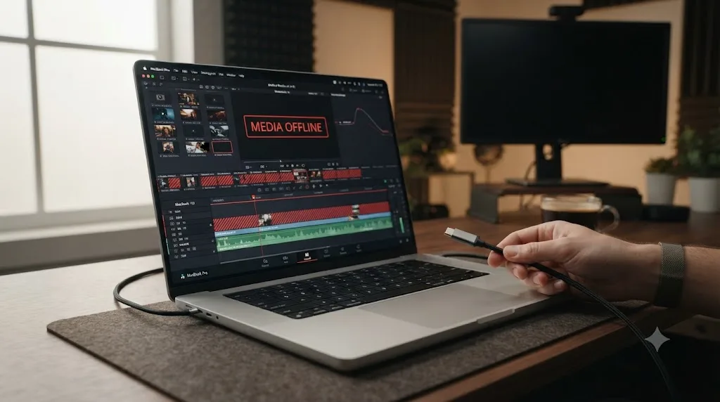 Illustration of a DaVinci Resolve timeline showing a media offline error next to a loosely connected external drive cable