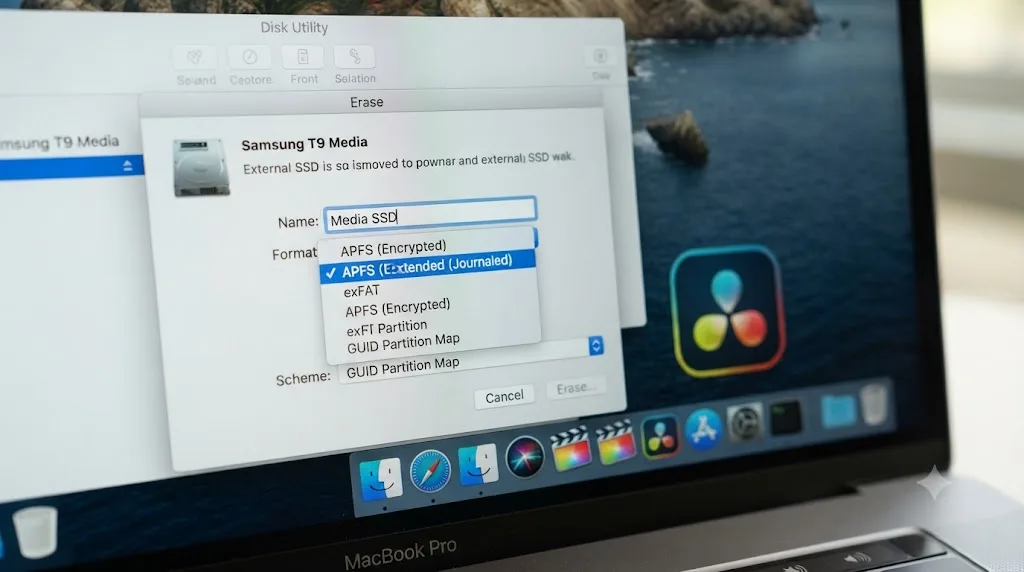 Illustration of a disk formatting dialog with APFS selected next to a DaVinci Resolve icon