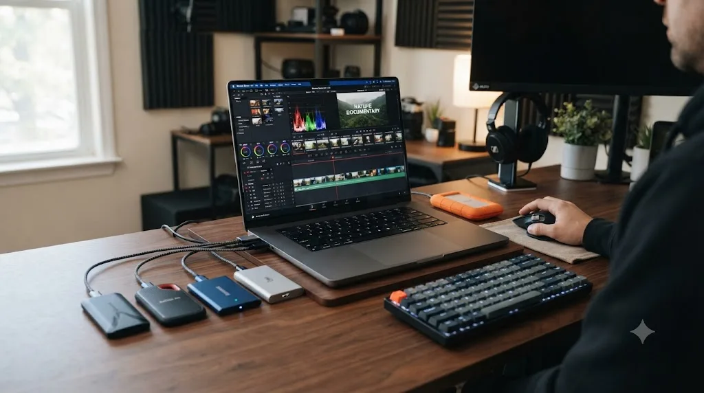 Illustration of a DaVinci Resolve editing setup with several external SSDs connected by USB-C cables