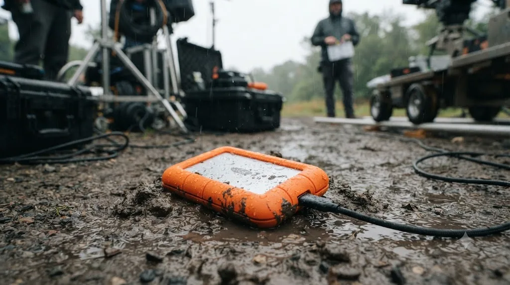 Illustration of a rugged orange external SSD sitting on a rainy outdoor film set