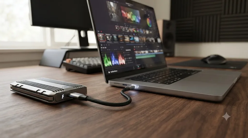 Illustration of an OWC Envoy Pro FX portable SSD connected to a MacBook Pro via Thunderbolt cable