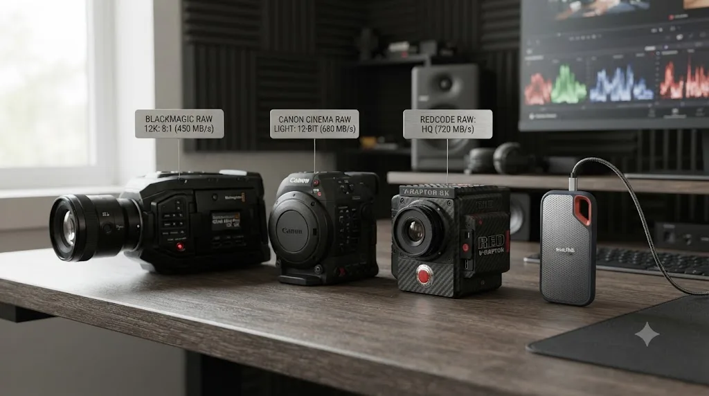 Illustration of Blackmagic RAW, Canon Cinema RAW Light, and RED camera bodies with data rate labels next to a portable SSD
