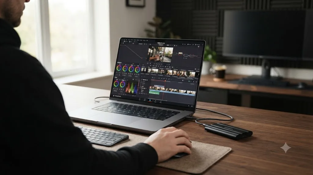 Illustration of a Samsung T9 portable SSD next to a laptop running DaVinci Resolve