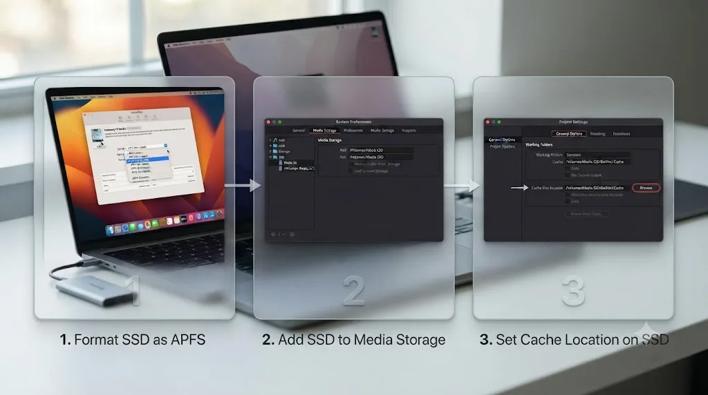 Illustration of a numbered setup diagram for adding an external SSD to DaVinci Resolve's media storage and cache settings