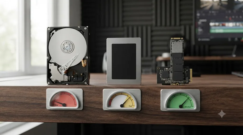 Illustration comparing a hard disk drive, a standard SSD, and an NVMe SSD with speed gauges