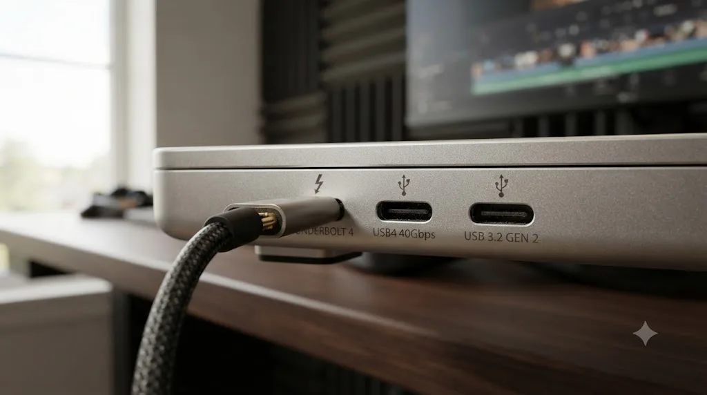 Illustration of laptop ports labeled with Thunderbolt, USB4, and USB-C icons for comparison