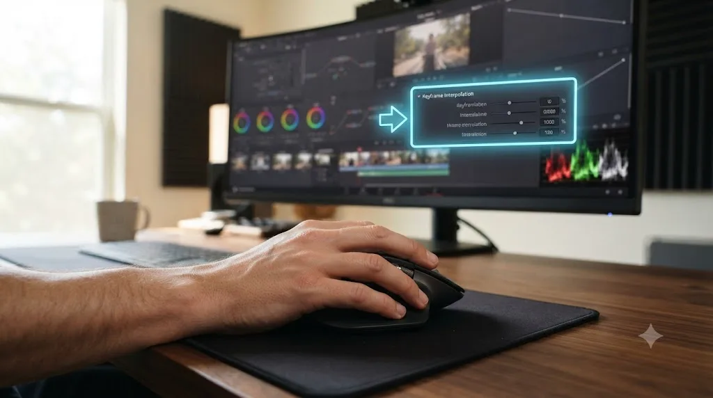Illustration of an assistant overlay pointing at a control inside a DaVinci Resolve interface while a hand rests on a mouse