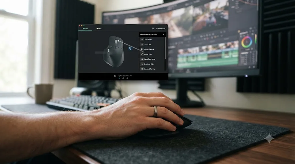 Illustration of a mouse configuration interface with buttons being mapped to DaVinci Resolve editing commands