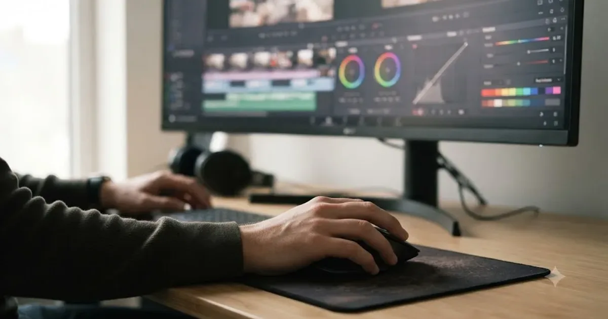Illustration of an editor's hand resting on a mouse in front of a DaVinci Resolve timeline and color page