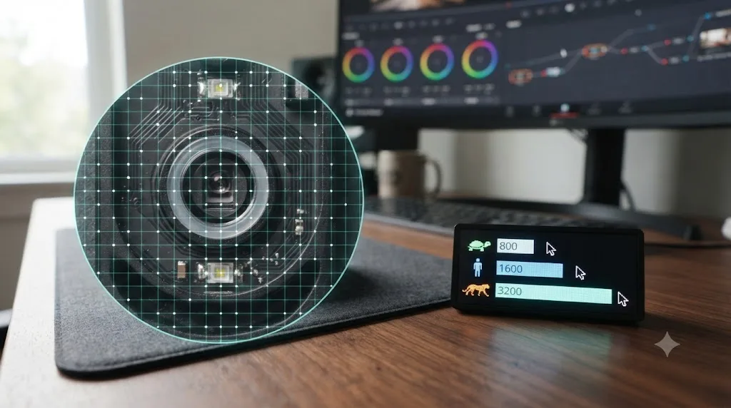 Illustration of a magnified mouse sensor with a tracking grid overlay next to a comparison of DPI cursor travel distances