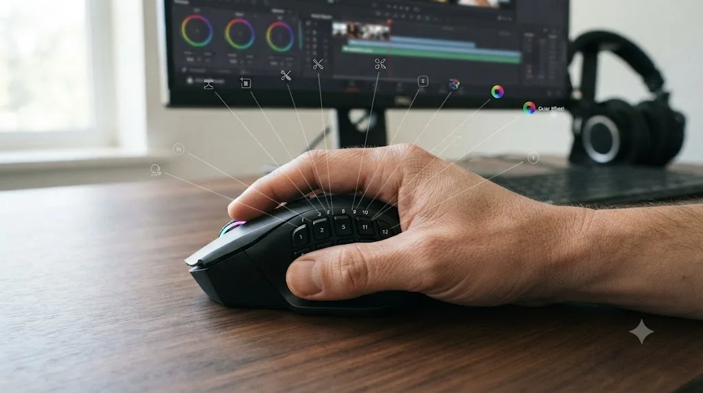 Illustration of a hand gripping a gaming mouse with a multi-button thumb panel labeled for custom shortcut mapping