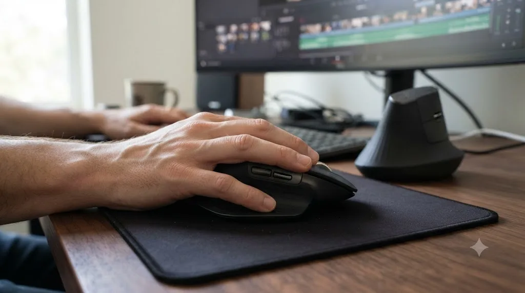 Illustration of a hand in a flattened grip on a low-profile mouse next to a taller ergonomic mouse shape for comparison
