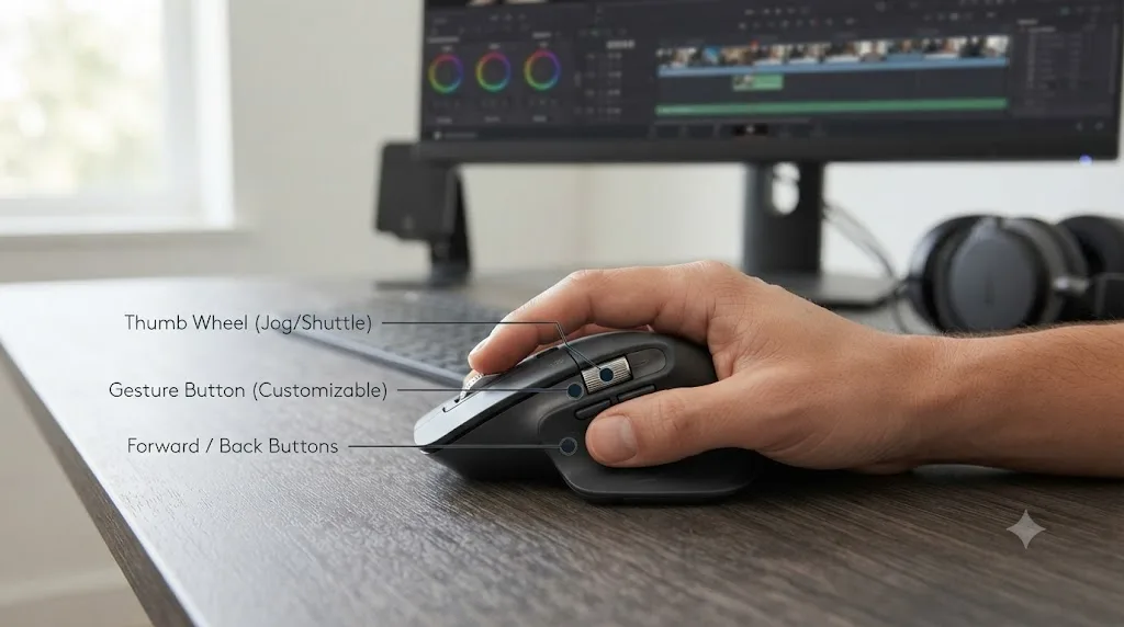 Illustration of a hand gripping an ergonomic wireless mouse with callouts labeling the thumb wheel and programmable side buttons