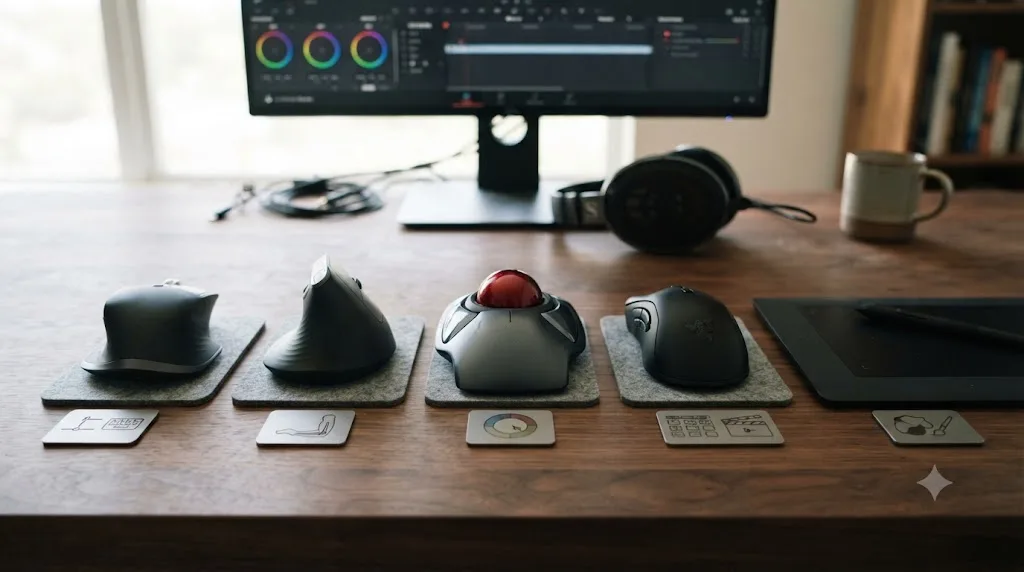 Illustration of five input device types arranged in a row representing different DaVinci Resolve editing use cases