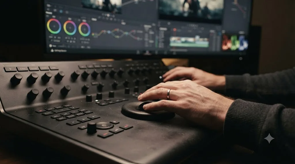 Illustration of hands using a color grading control panel with trackballs and dials in a relaxed grip