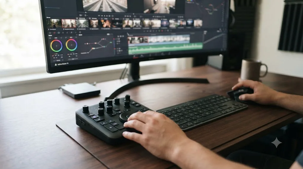 Illustration of a compact dial-and-button control surface sitting beside a keyboard and mouse near a video editing timeline