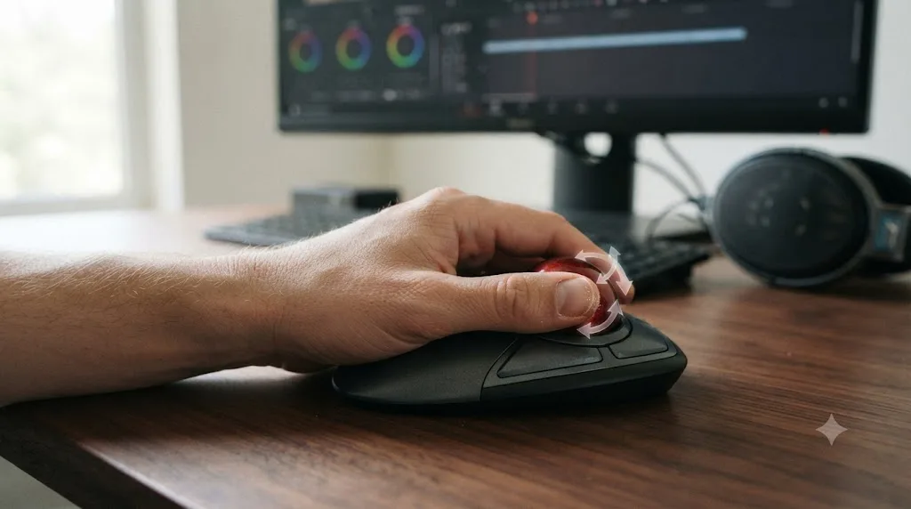 Illustration of a hand resting still while a thumb rolls a trackball mouse, with the wrist and forearm staying stationary