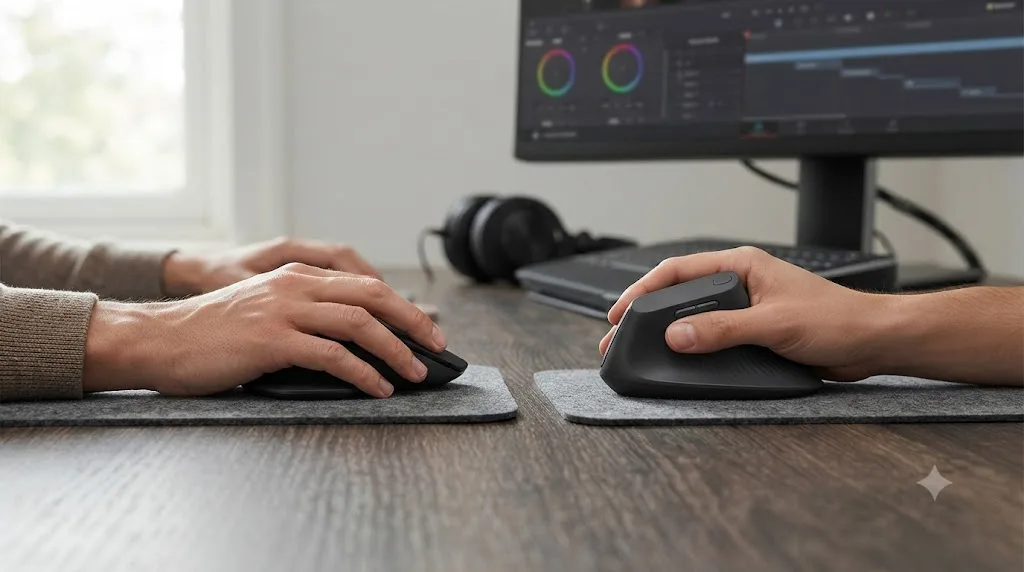 Illustration comparing a hand gripping a standard flat mouse to a hand using a vertical mouse in a relaxed handshake position
