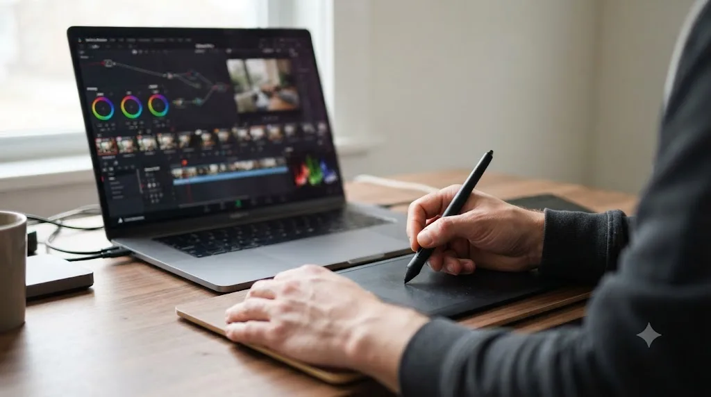 Illustration of a hand using a stylus on a graphics tablet beside a laptop displaying a DaVinci Resolve color page