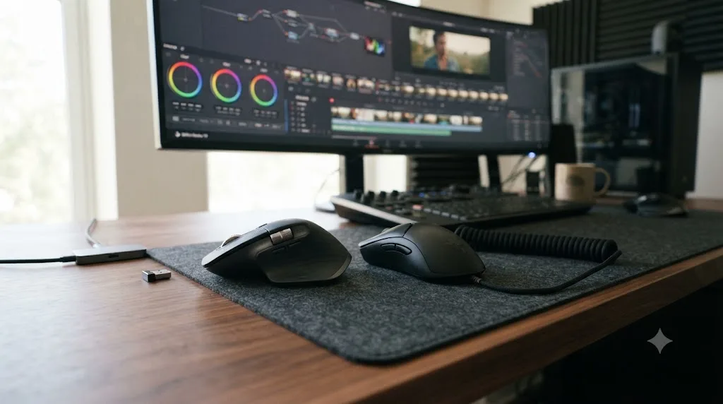 Illustration comparing a wireless mouse with a USB receiver to a wired mouse with a coiled cable on an editing desk
