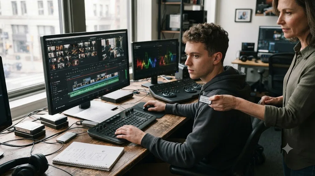 Illustration of a person building a finished video project from raw footage instead of receiving a polished demo clip