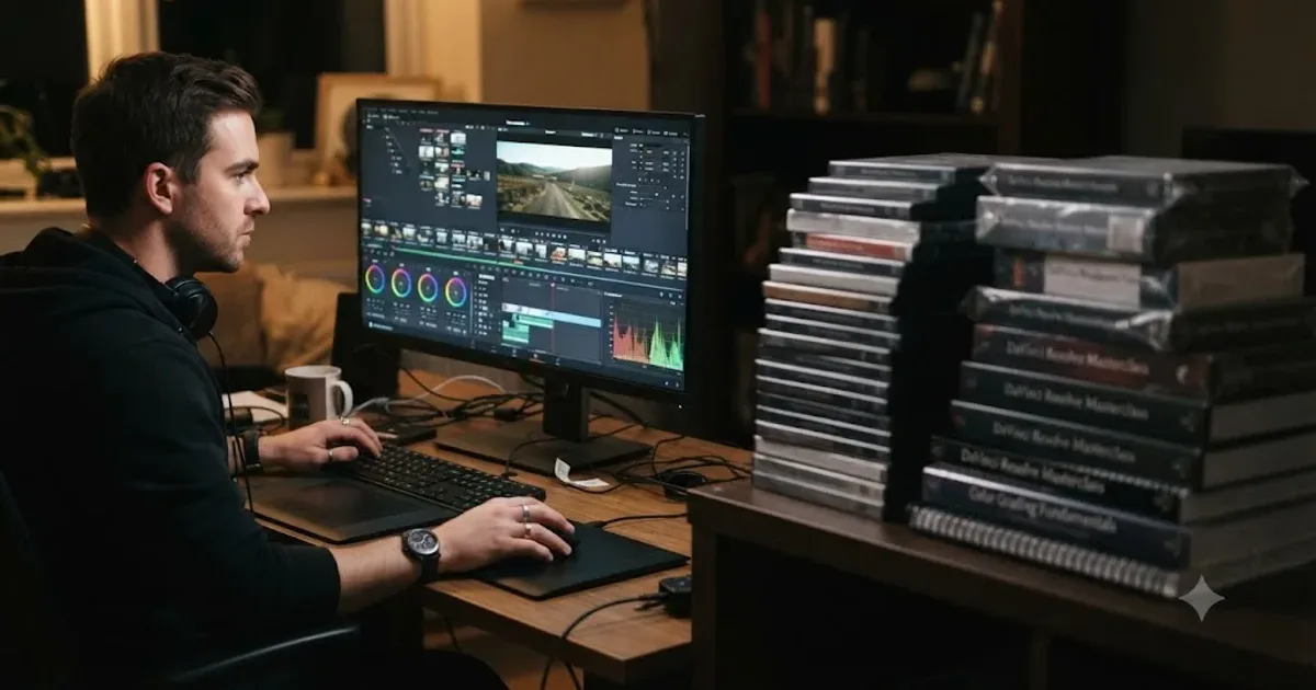 Illustration of a person practicing inside a DaVinci Resolve timeline while stacks of course videos sit unwatched in the background