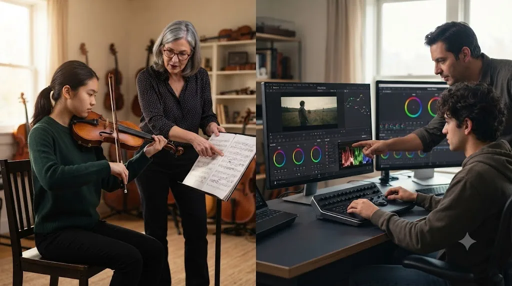 Illustration comparing deliberate practice with a violin teacher to guided practice on a color grade