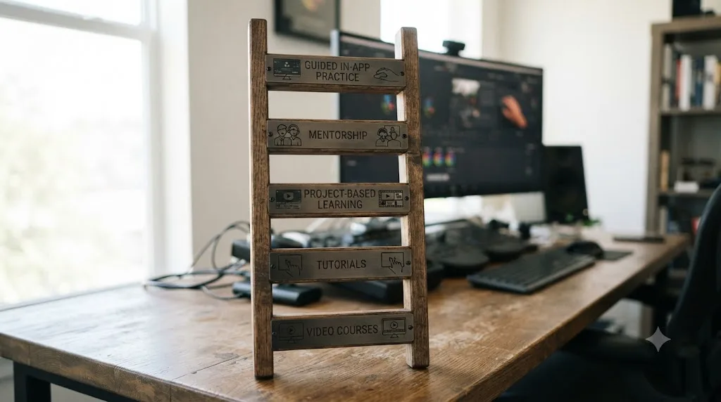 Illustration of a five-rung ladder diagram ranking learning methods from video courses to guided in-app practice