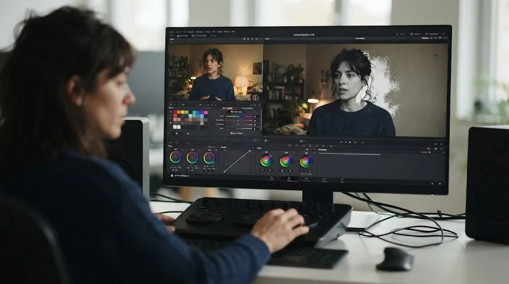 Illustration of a color qualifier tool isolating a messy, imperfect selection on real footage instead of a clean textbook example