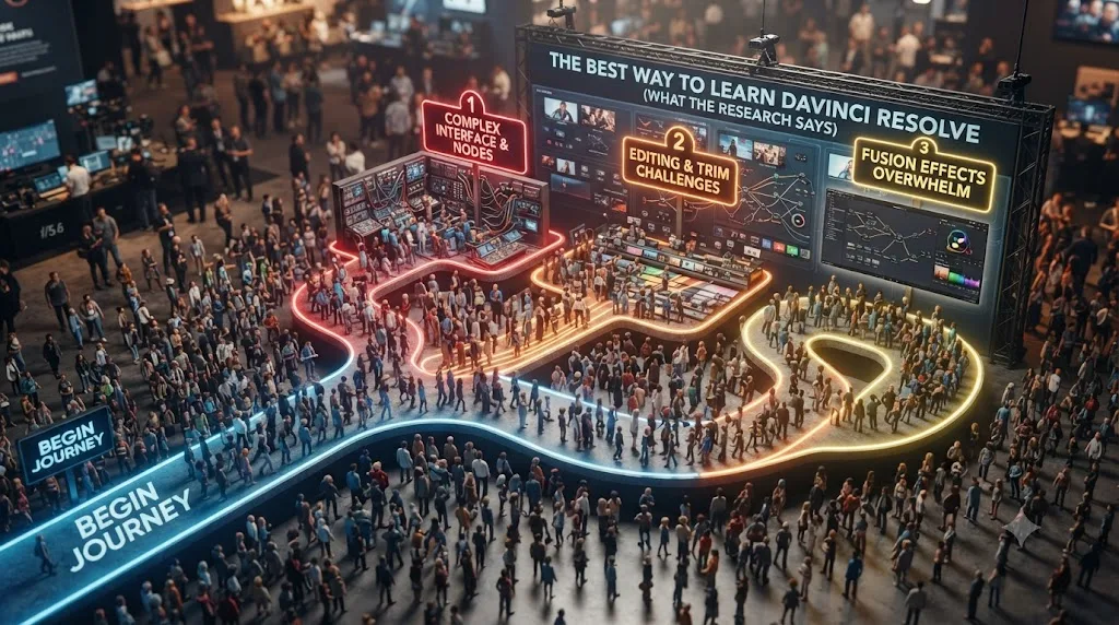 Illustration of a large group of learners with highlighted paths showing common points where progress stalls