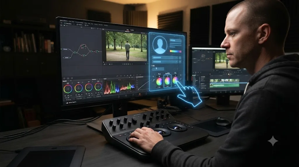 Illustration of an AI tutor overlay pointing at a color qualifier control inside DaVinci Resolve's Color page