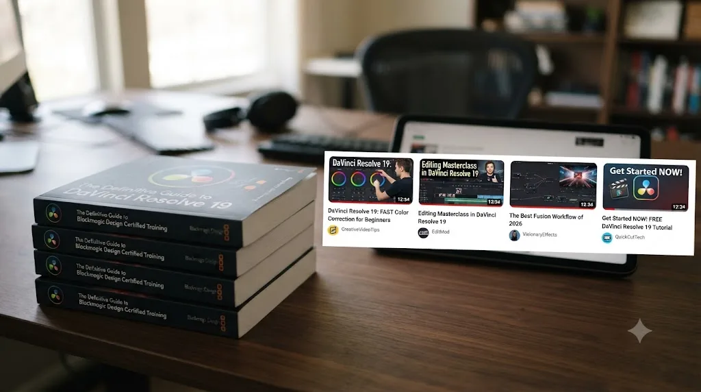 Illustration of a stack of official Blackmagic Design training guide covers next to a row of independent creator video thumbnails