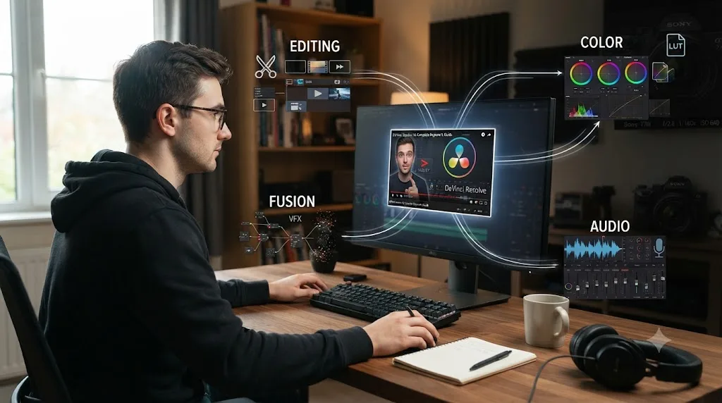 Illustration of a beginner surrounded by editing, color, Fusion, and audio icons branching from a single tutorial video thumbnail