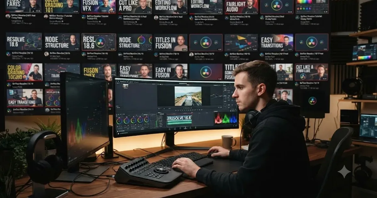 Illustration of a wall of DaVinci Resolve YouTube tutorial thumbnails surrounding a person editing at a desk