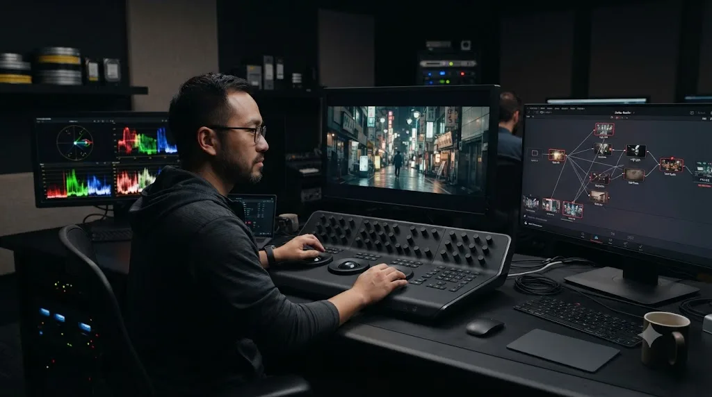 Illustration of a professional colorist working at a grading suite with visible scopes and a node tree diagram showing look development stages