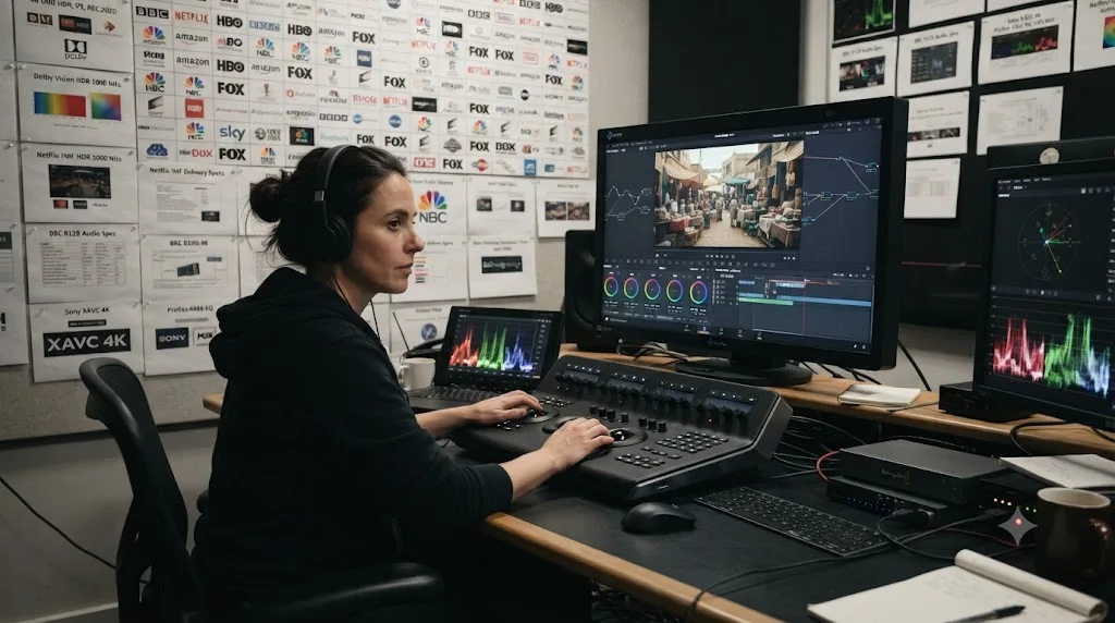Illustration of a broadcast colourist working at a grading station surrounded by delivery specs, with a DaVinci Resolve color page on the main monitor